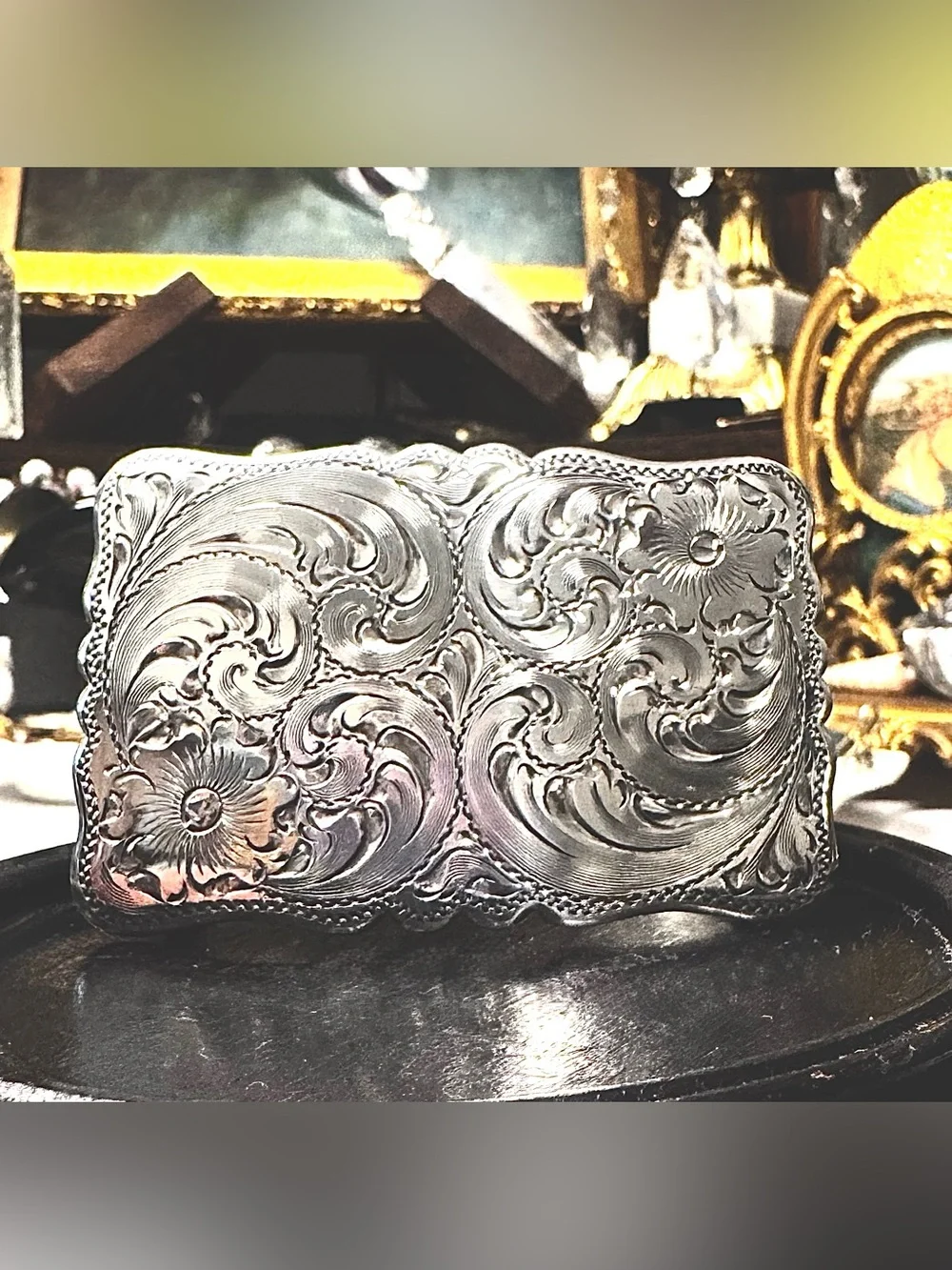 Vintage Diablo Hand-Engraved Floral & Plumes Sterling Silver Overlay Belt Buckle